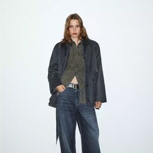 New Zara waxed collar corduroy jacket in navy blue - XS